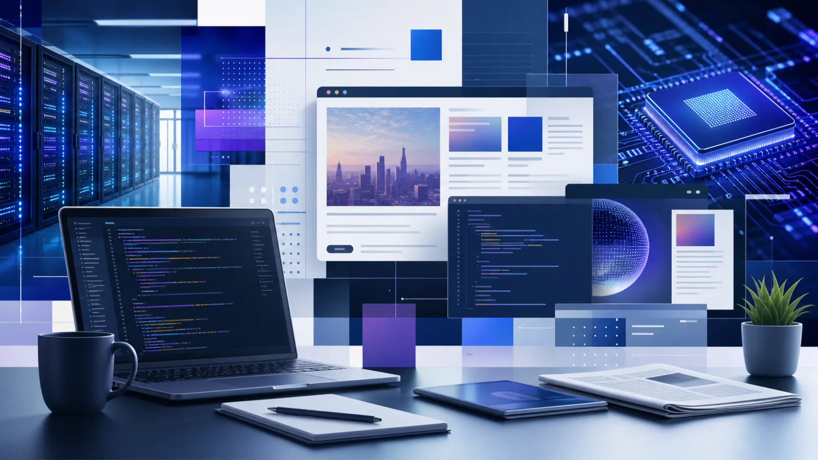 Abstract technology news desk