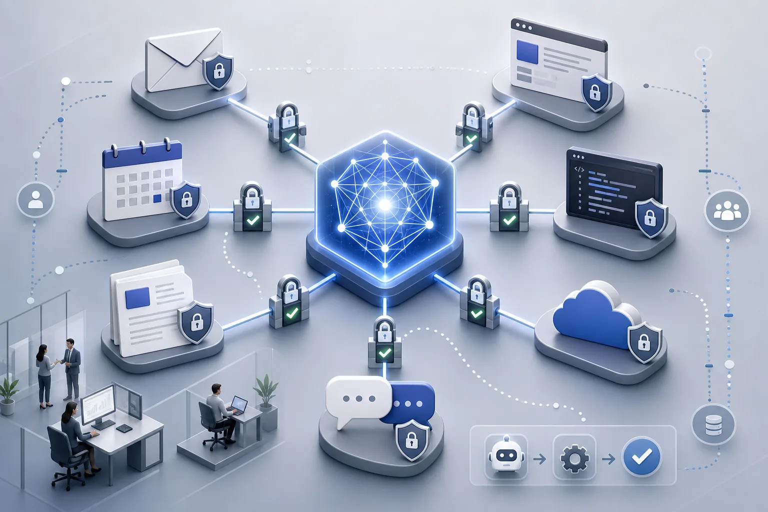 Abstract enterprise AI workspace connected to email, documents, browser, code and audit controls