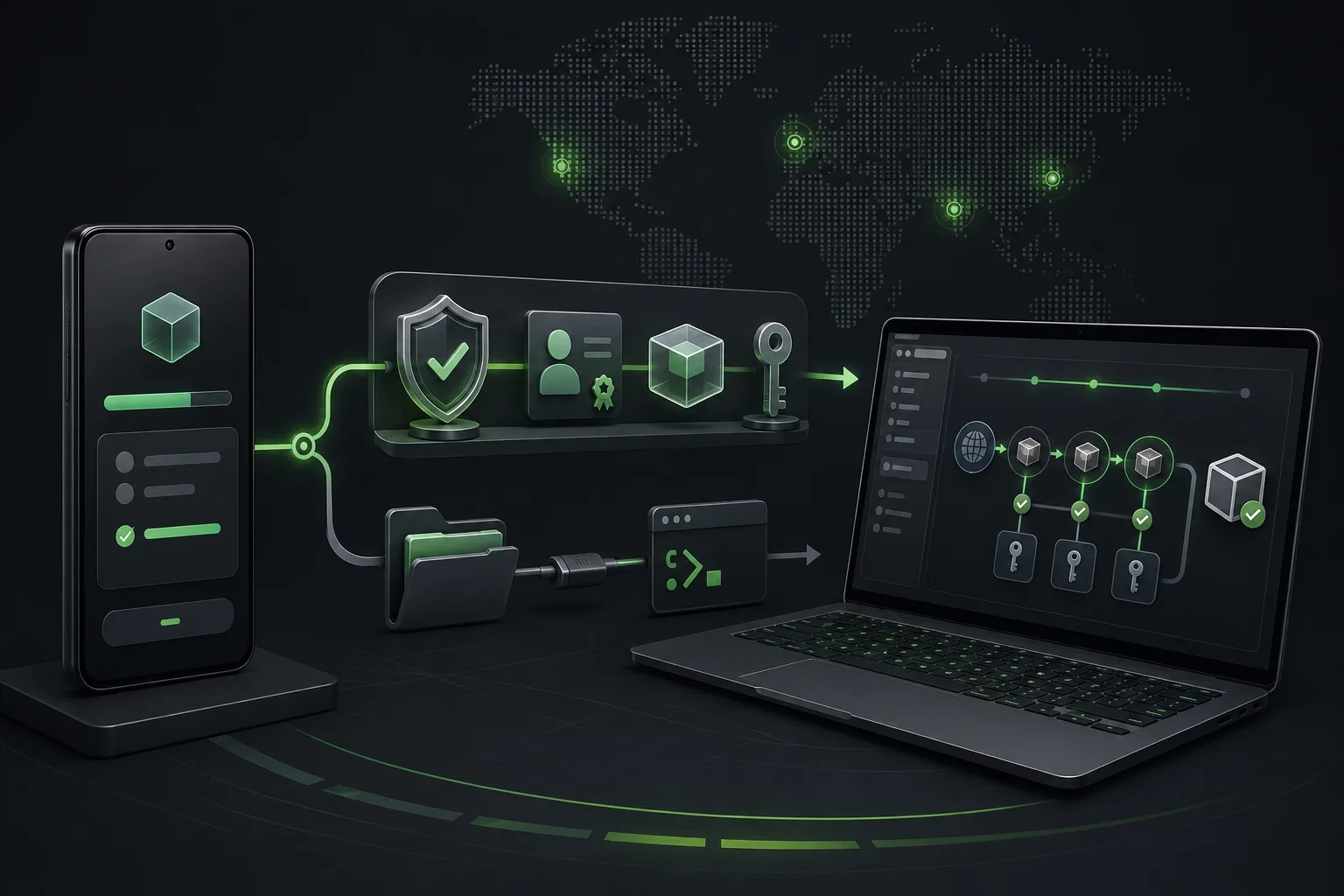 هاتف أندرويد محاط برموز التحقق ومتاجر التطبيقات في مشهد يوضح مراجعة هوية ناشر التطبيق