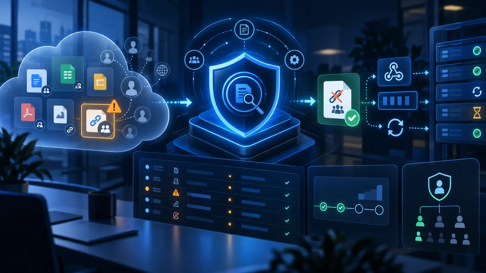 Security-Operations-Arbeitsplatz mit abstrakten Dashboards zu SaaS-Dateifreigaben, Webhook-Ereignissen und automatischem Remediation-Status.