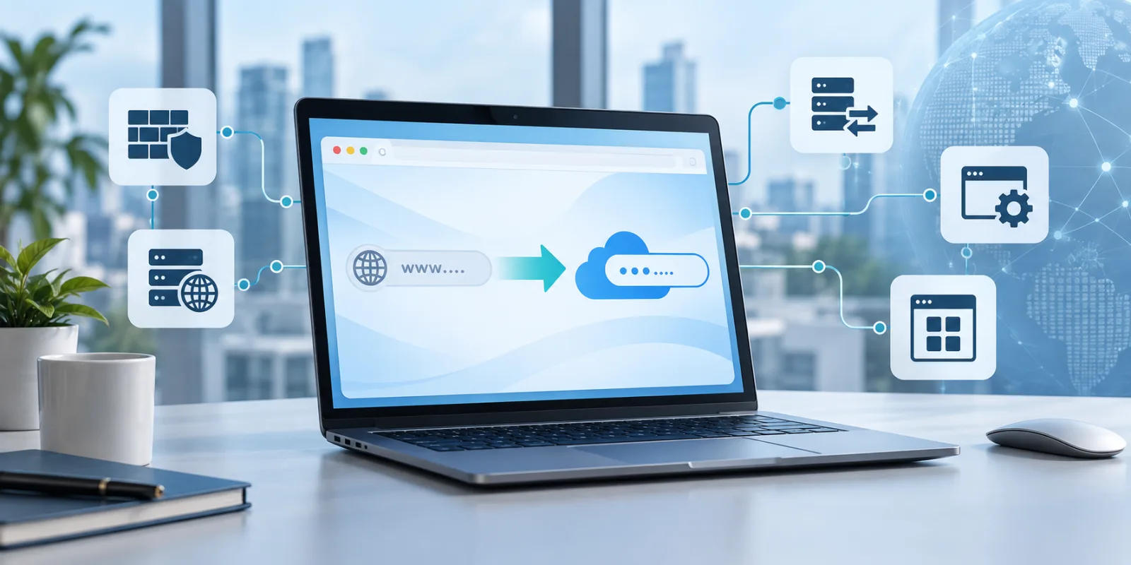 Redaktionelle Illustration einer Browser-Weiterleitung durch unternehmensweite Firewall-, DNS-, Proxy- und App-Prüfungen.