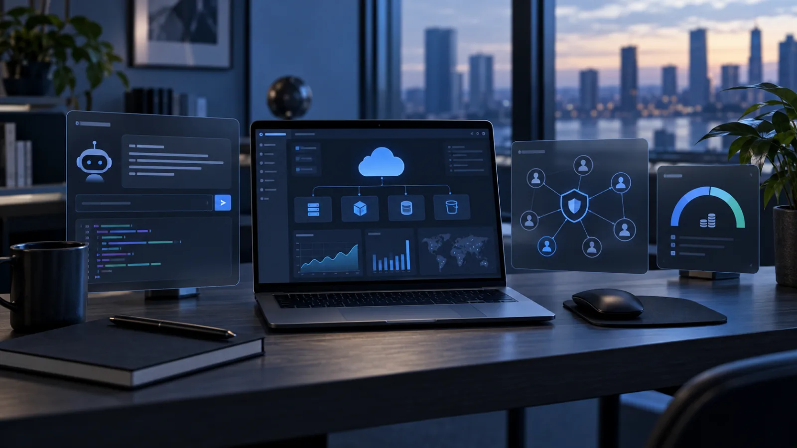 Portátil con un panel de nube genérico y conceptos de agente de código, permisos y presupuesto