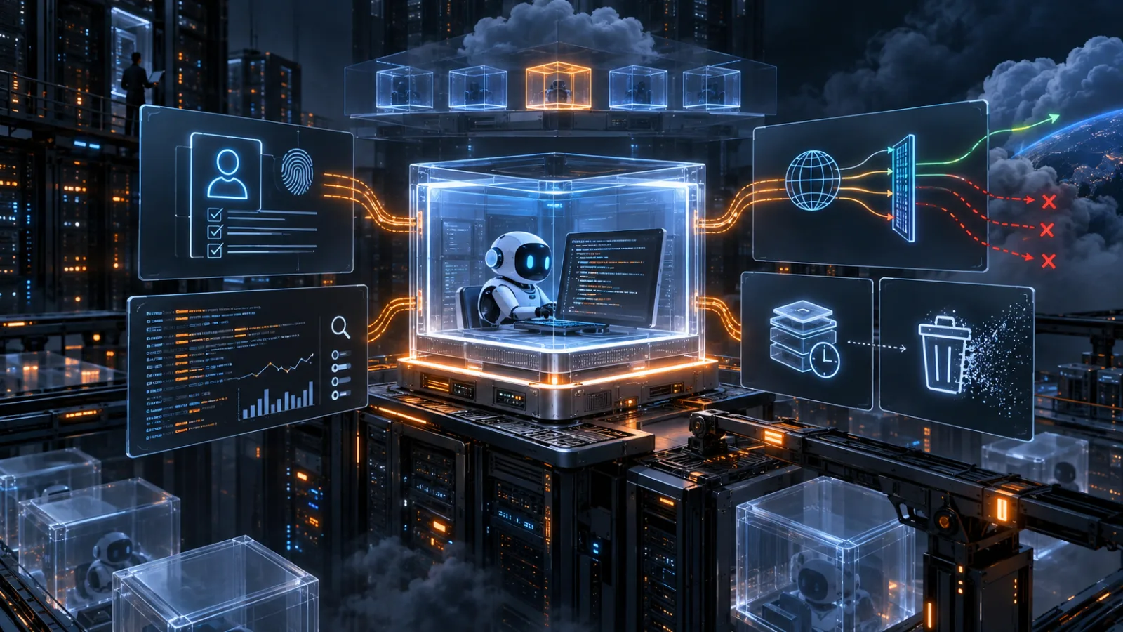 Редакционная иллюстрация задачи ИИ-агента внутри изолированной облачной MicroVM, окружённой контролями идентификации, сети, наблюдаемости, сохранения состояния и очистки.