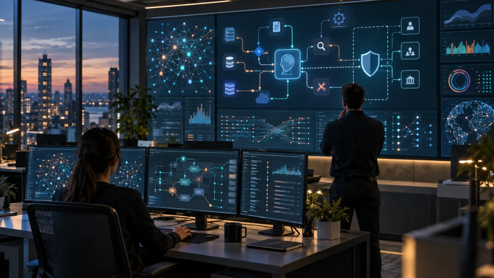 Engineers study connected application, infrastructure and AI-agent observability traces in a modern operations room.