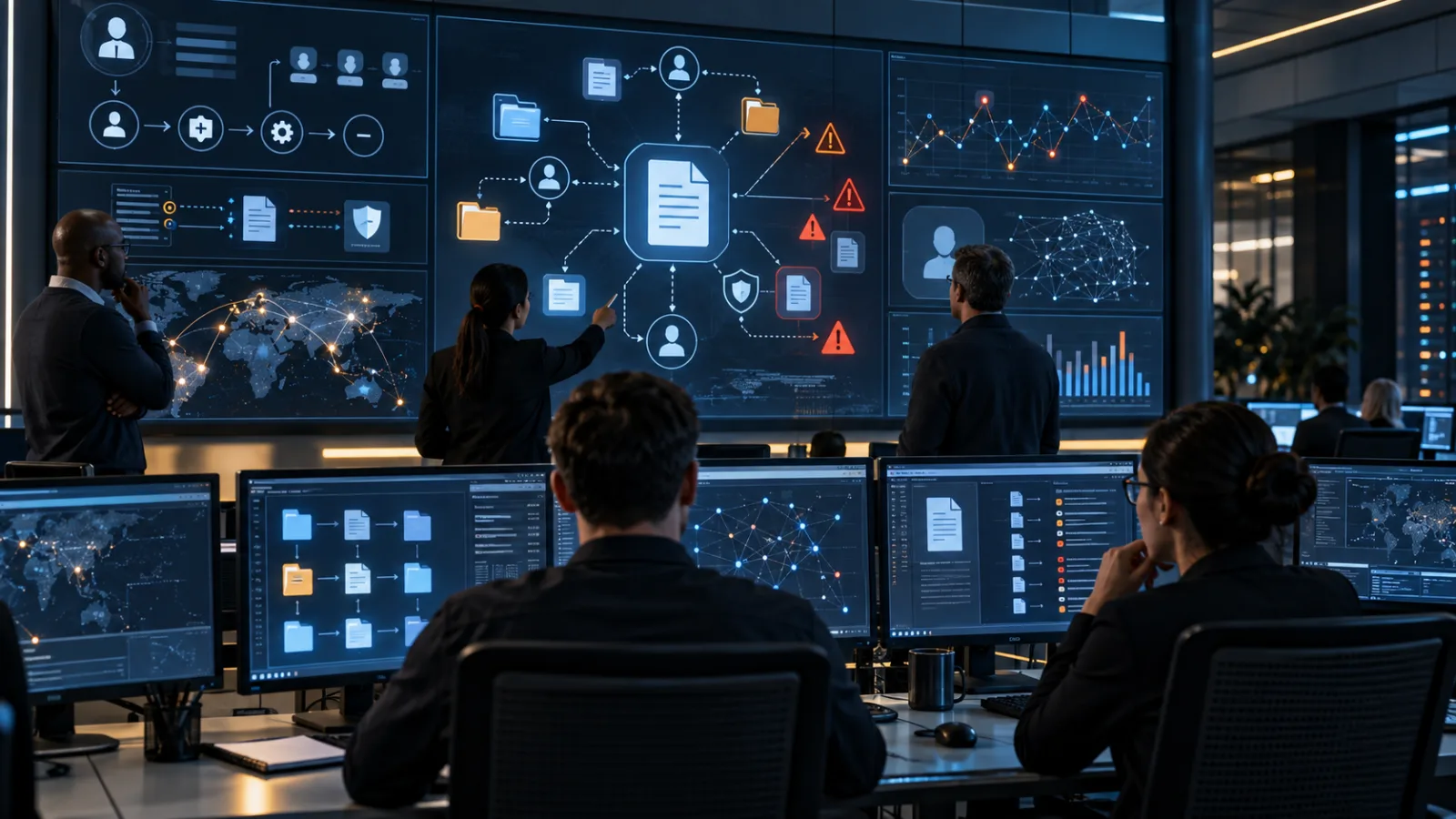 Security operations analysts monitor document-sharing activity, identity signals and data-loss-prevention alerts across a control room.