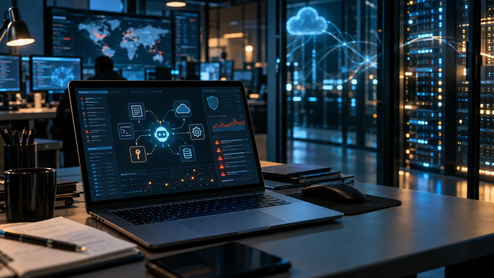 Security operations workspace showing a laptop monitoring connections between an AI agent, tools, credentials, files and cloud infrastructure.