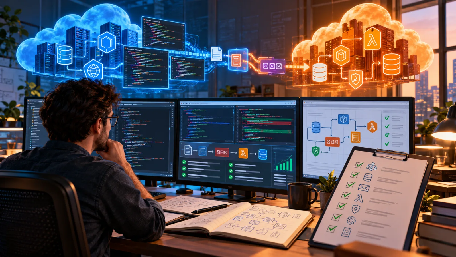 Un ingeniero revisa una migración detallada de código .NET de Azure a AWS con almacenamiento, colas, funciones sin servidor, controles de identidad y comprobaciones de arquitectura.