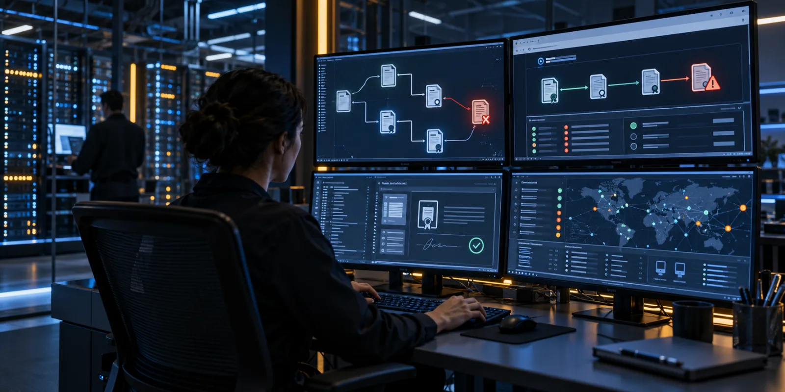 Analityczka cyberbezpieczeństwa sprawdza łańcuchy certyfikatów i stan magazynów zaufania we flocie firmowej