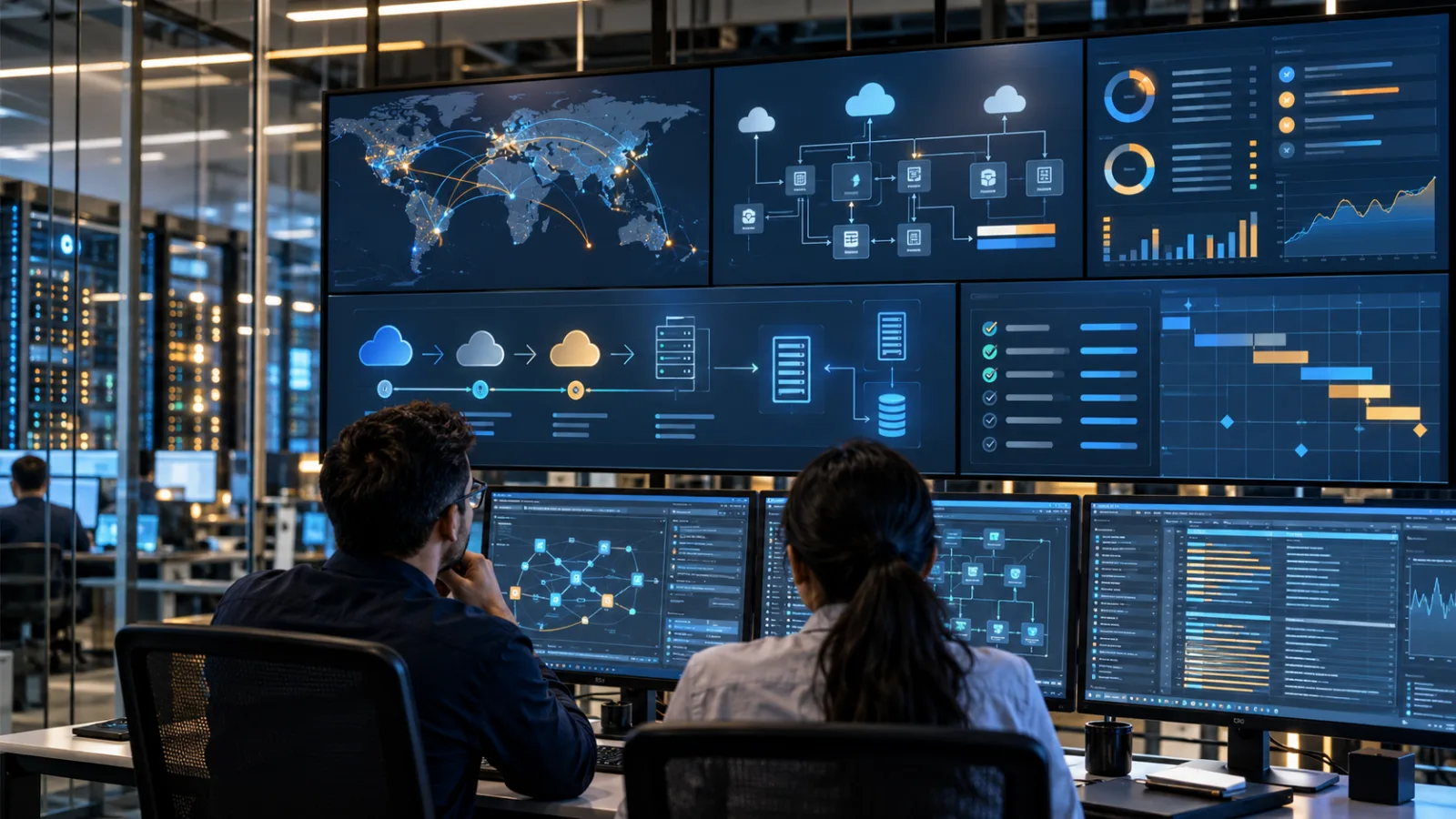 IT professionals review cloud service lifecycle dashboards and maintenance planning in an enterprise operations center.