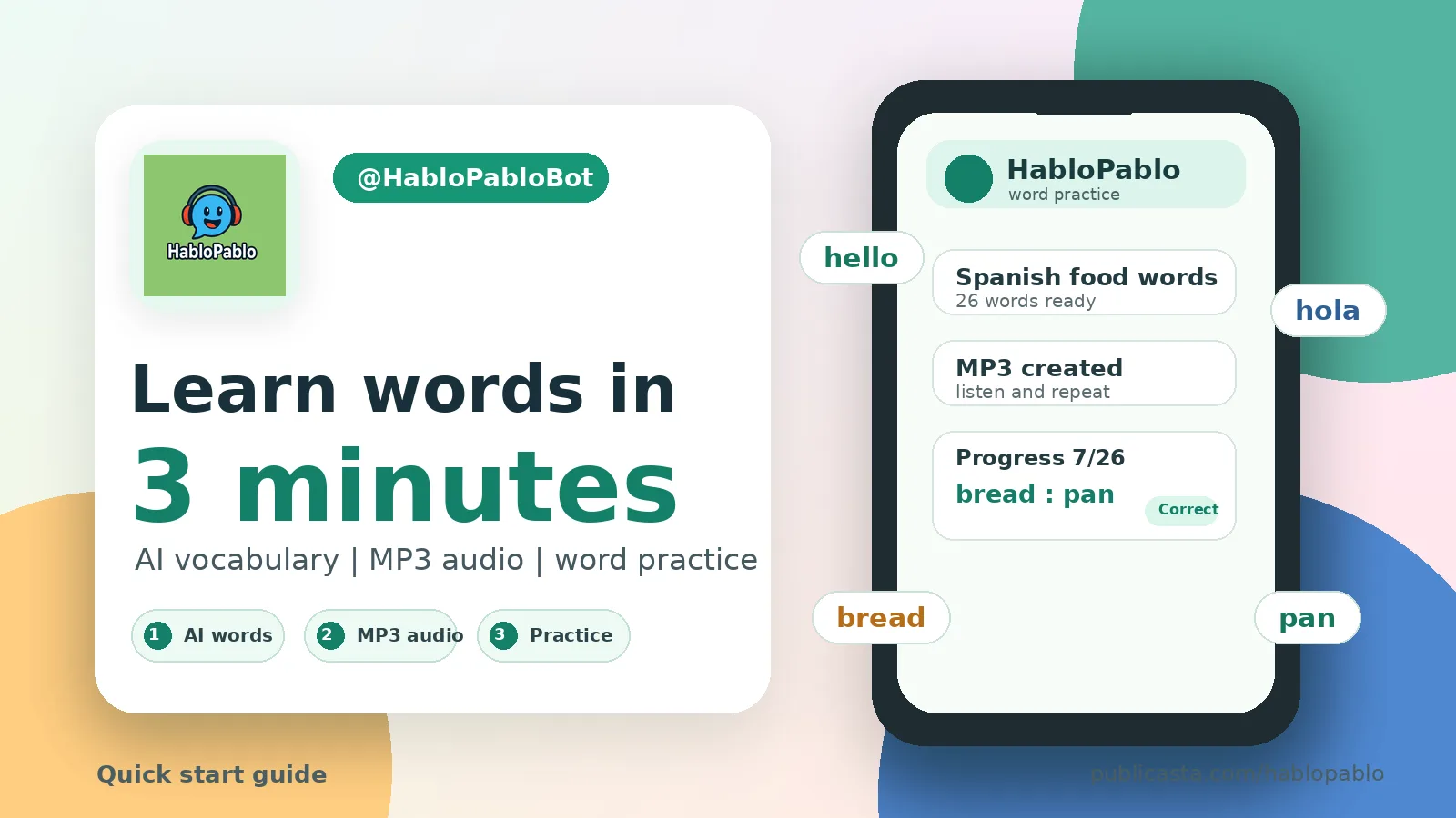 HabloPablo quick start: AI vocabulary, MP3 audio and word practice
