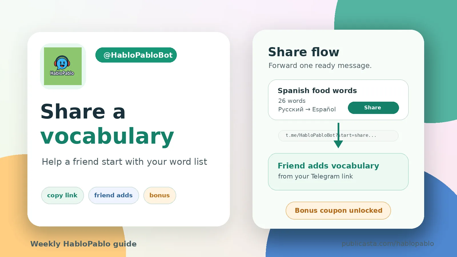 HabloPablo guide: share a vocabulary with a friend and get a bonus coupon