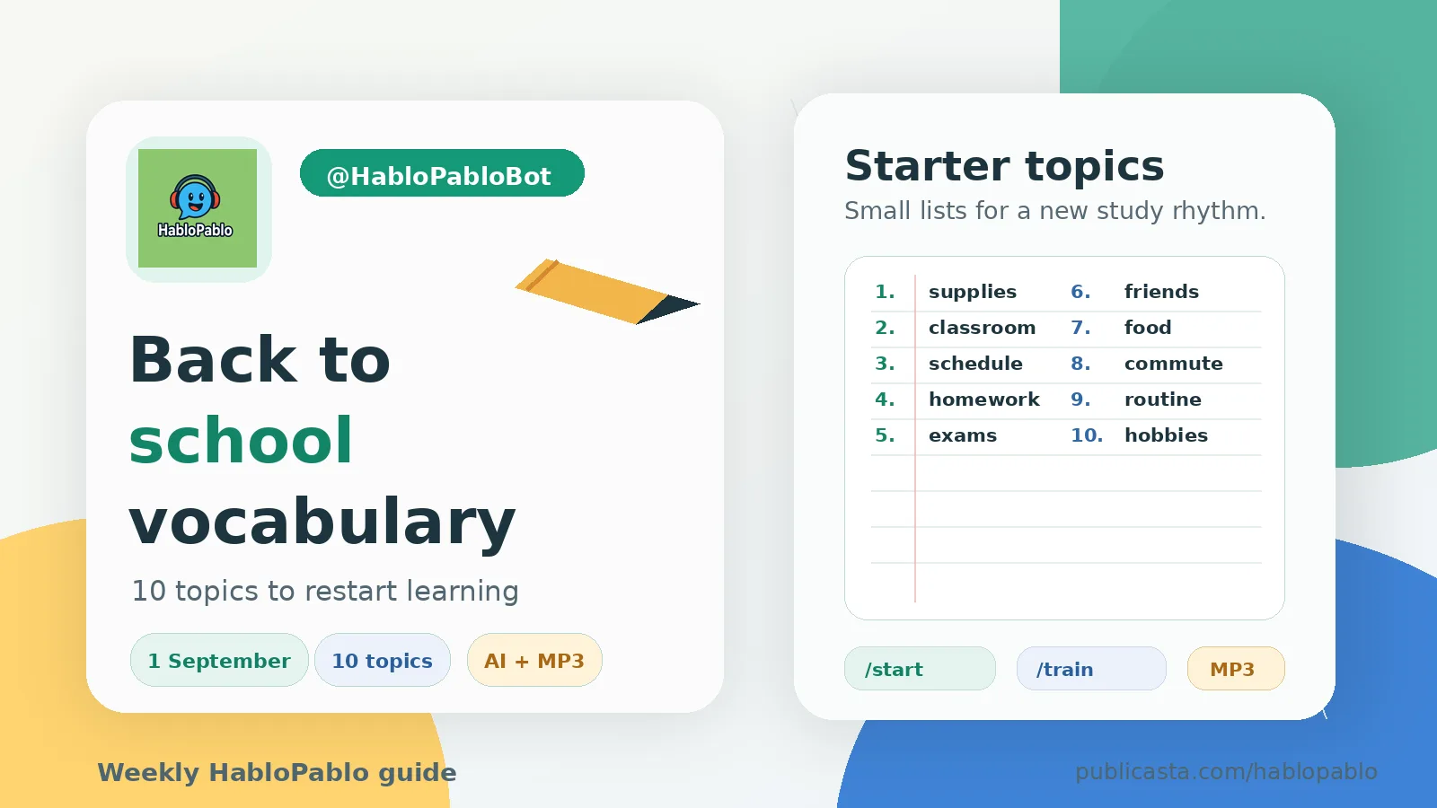 HabloPablo guide: back to school vocabulary topics for September
