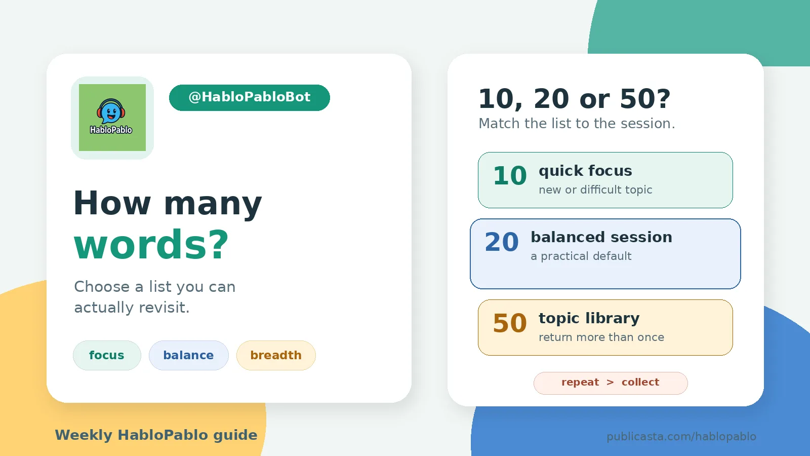 Choosing between 10, 20 and 50 vocabulary words in HabloPablo