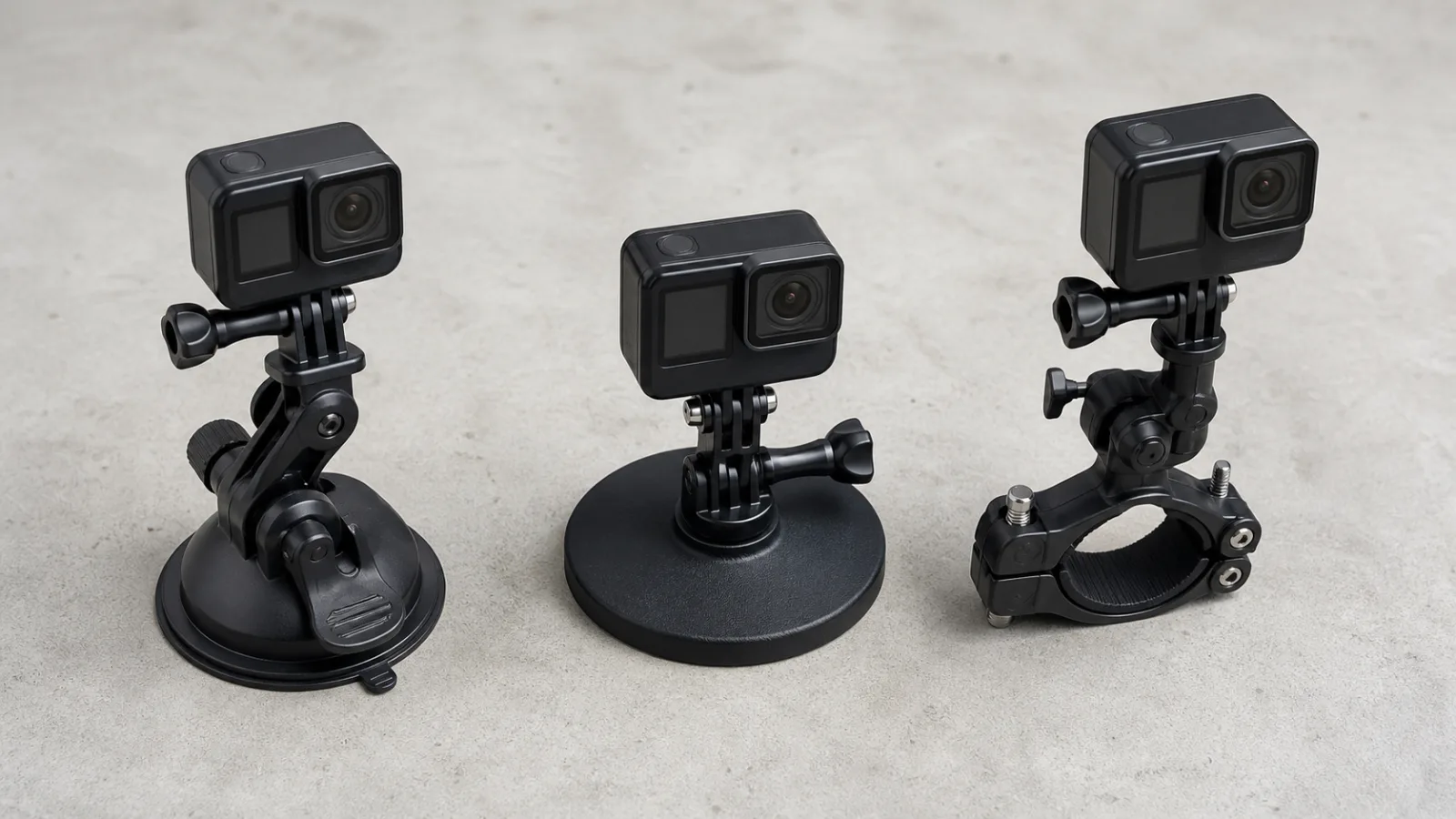 Action camera on a short suction-cup mount attached to a parked car