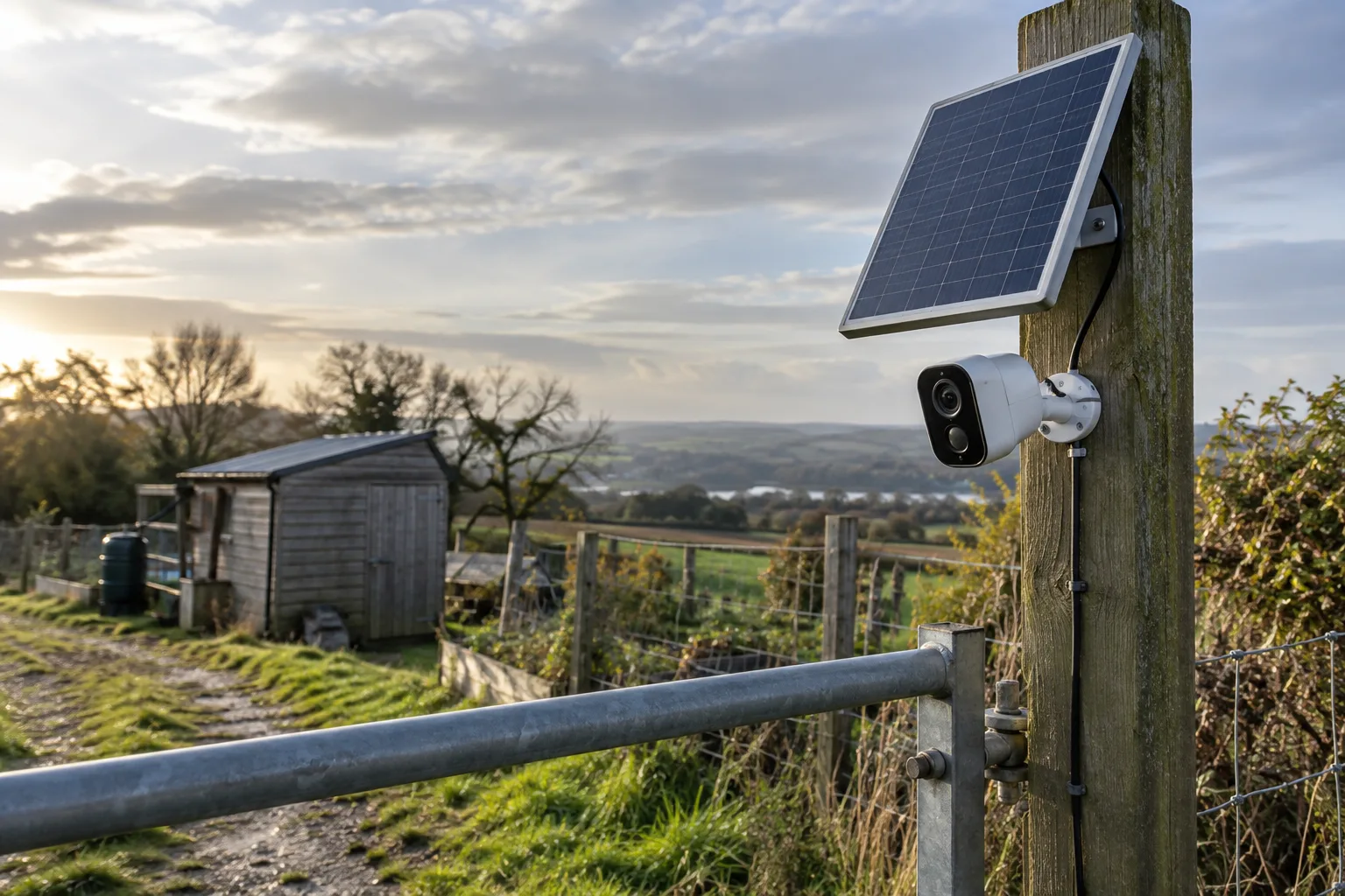 Solarpanel und Außenkamera neben einem ländlichen Tor und Schuppen