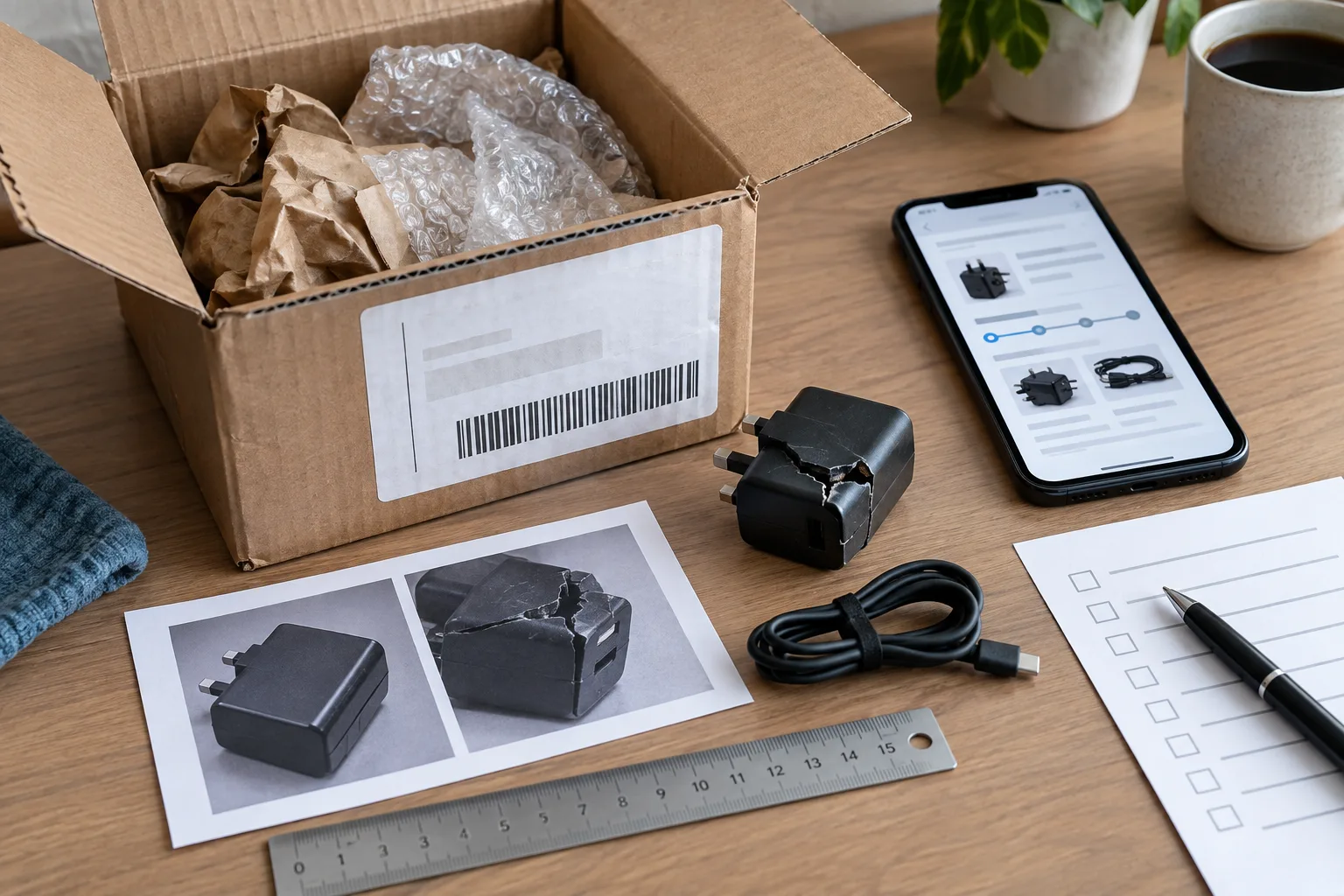 Editorial still life of a parcel, order records, checklist and damaged generic electronic accessory documenting an online marketplace dispute.