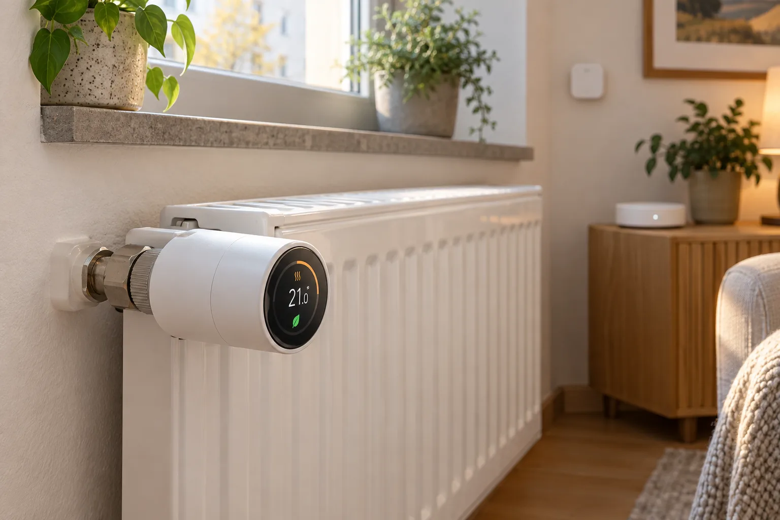 Smart thermostatic radiator valve installed on a white radiator in a modern room