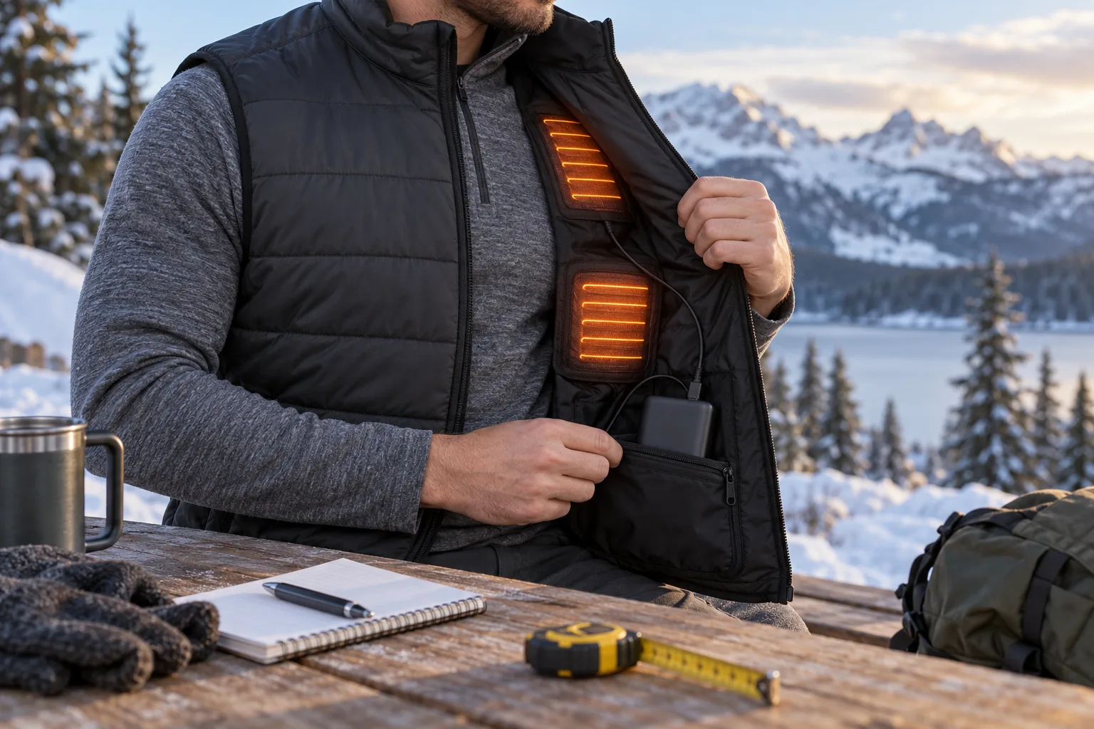 Redaktionelle Aufnahme einer schlichten Heizweste mit sichtbaren Heizelementen und sicher platzierter Powerbank in winterlicher Umgebung.