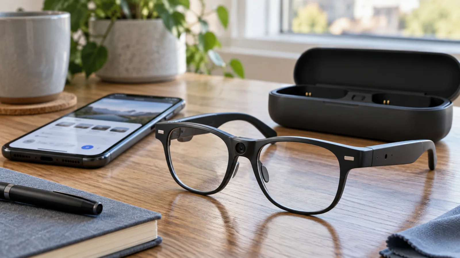 Unbranded camera smart glasses beside a smartphone and charging case on a sunlit desk.