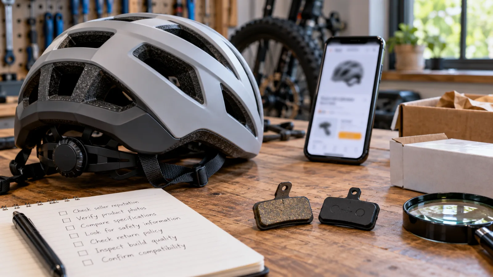 A bicycle helmet and unbranded disc-brake pads inspected beside a blurred marketplace listing in a workshop.