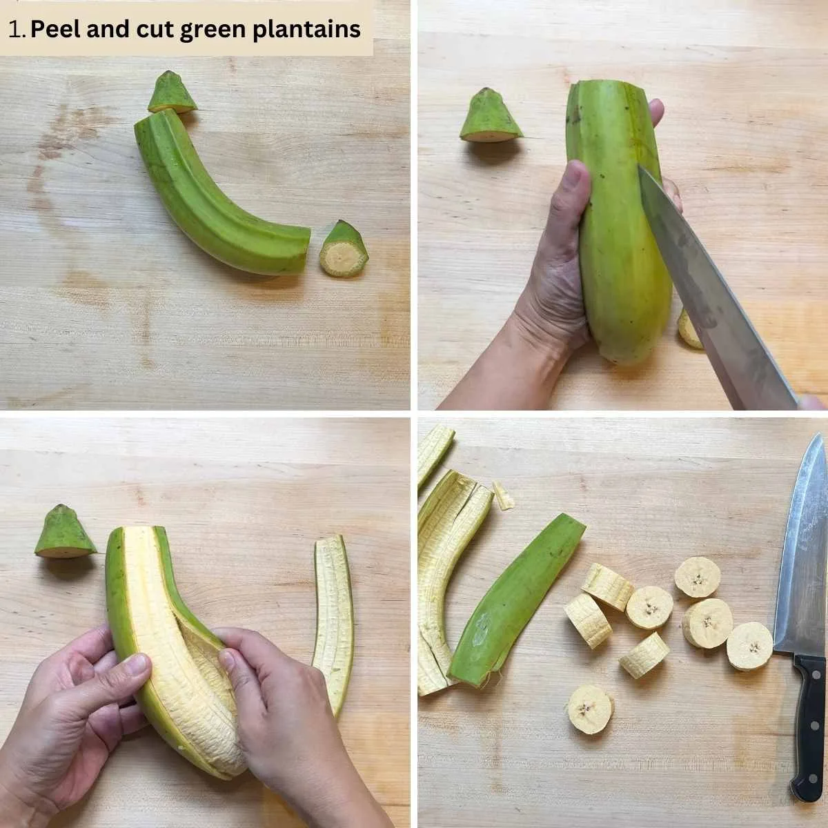 Eine Kochbanane wird zum Kochen geschält und geschnitten; die feste Schale wird mit einem Messer entfernt.