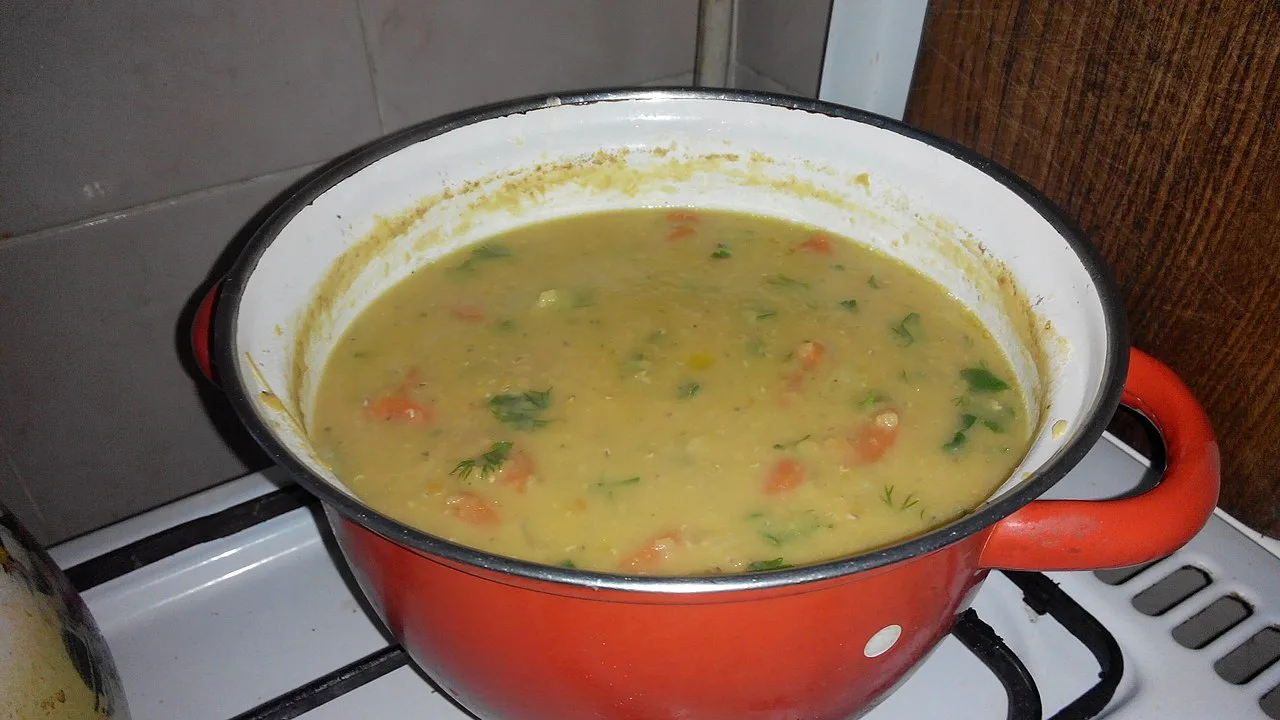 The soup after the lentils have softened in the pot