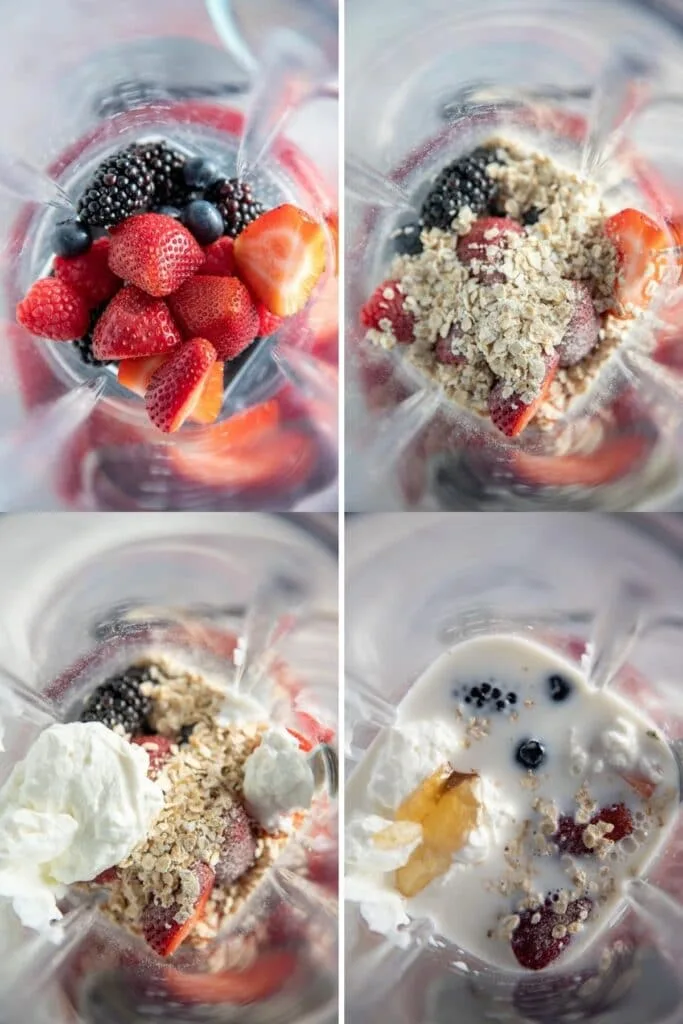 Beeren werden bei der schrittweisen Zubereitung eines Smoothies abgemessen und gemixt