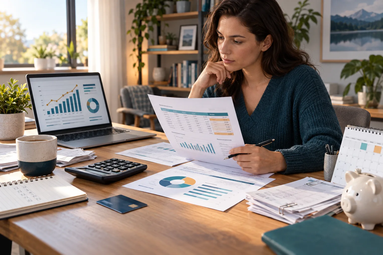 Espacio de trabajo para auditar las finanzas del hogar, con una tabla de tasas, calculadora, facturas, tarjeta de crédito y gráficos en un portátil tras una subida de tipos.