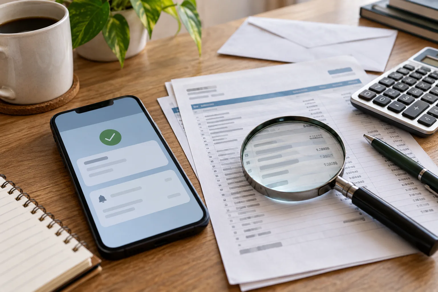 Szene zur Prüfung persönlicher Finanzen mit einem einfachen Smartphone, verdeckten Kontoauszügen, Taschenrechner, Stift und Lupe auf einem Schreibtisch.