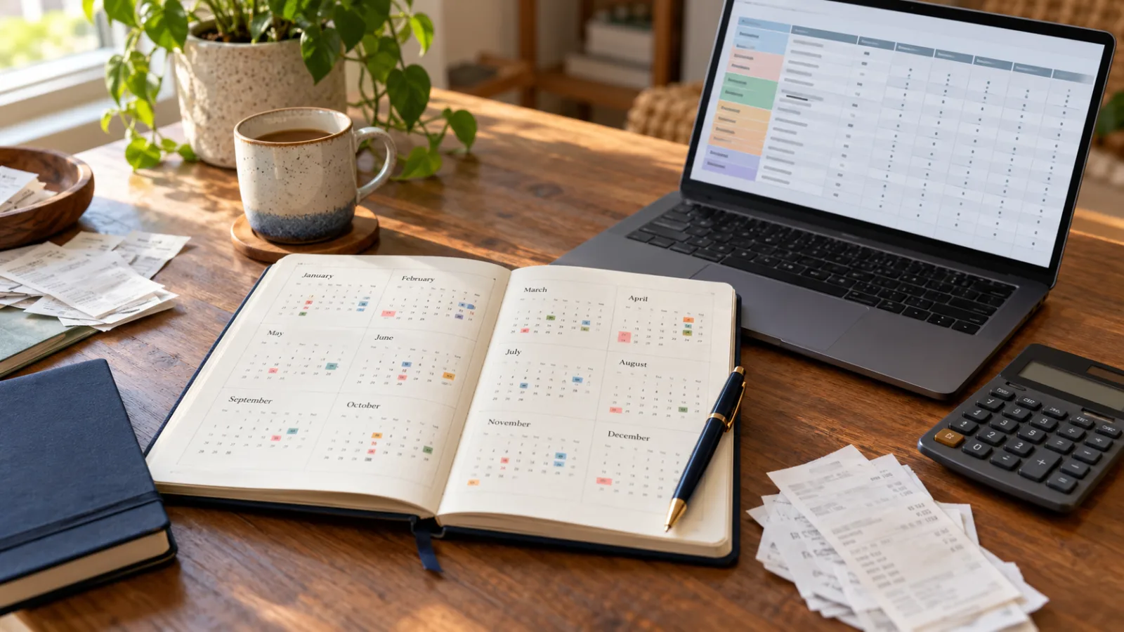 Un espacio de trabajo en casa con un calendario de doce meses, una hoja de gastos, recibos y una calculadora para revisar pagos recurrentes.