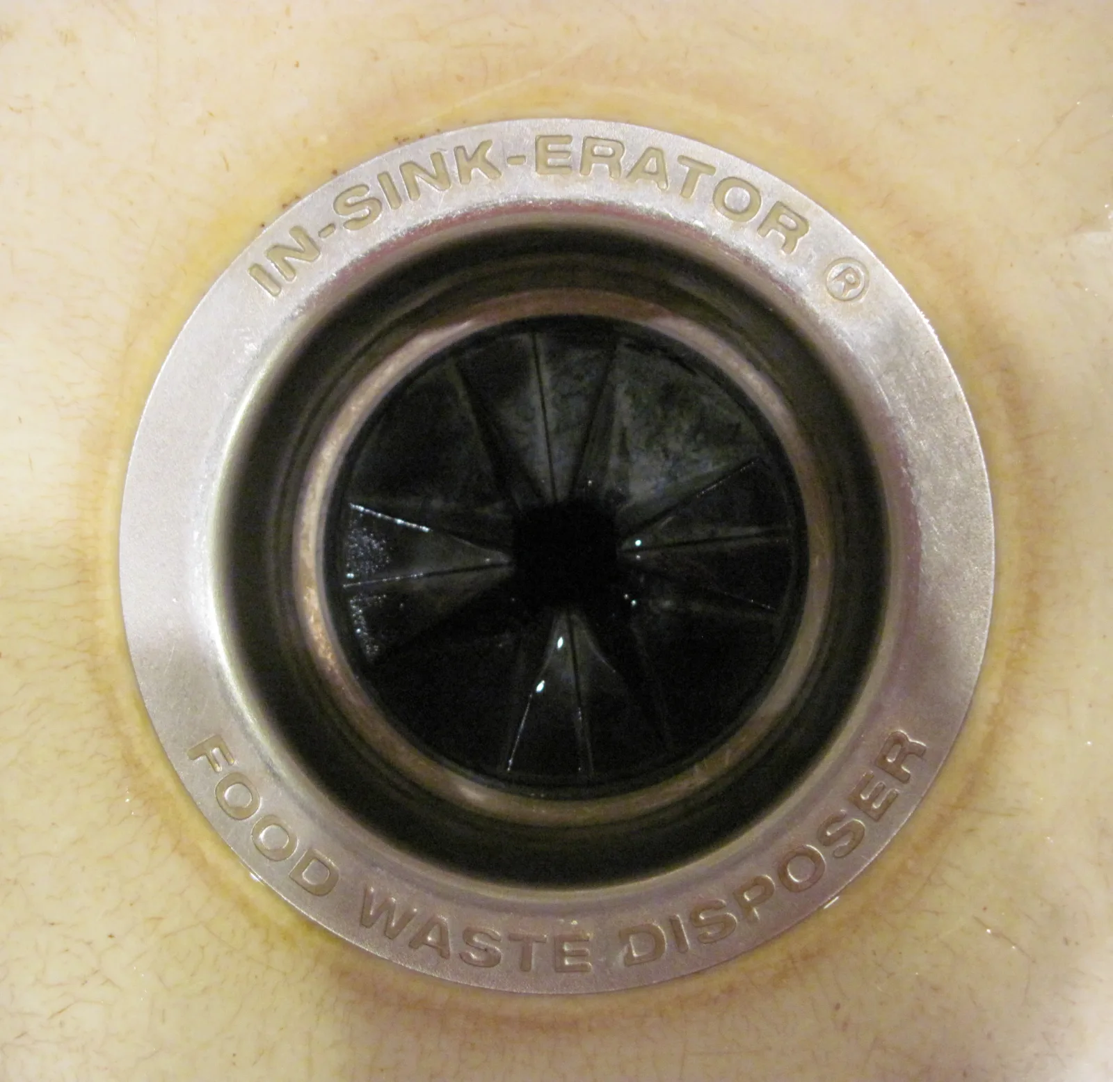 Installed garbage disposal under a kitchen sink, showing the outside of the unit for a safe jam-and-reset checklist
