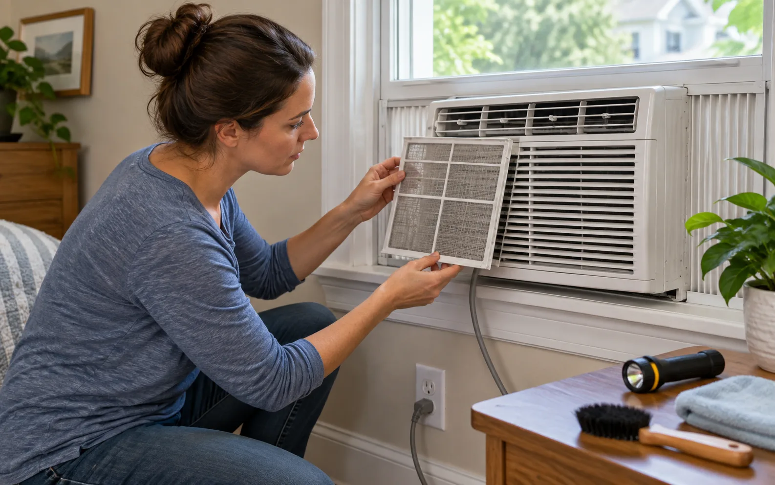 Aire acondicionado de ventana instalado de forma segura, con el área del filtro limpio y herramientas de mantenimiento visibles.