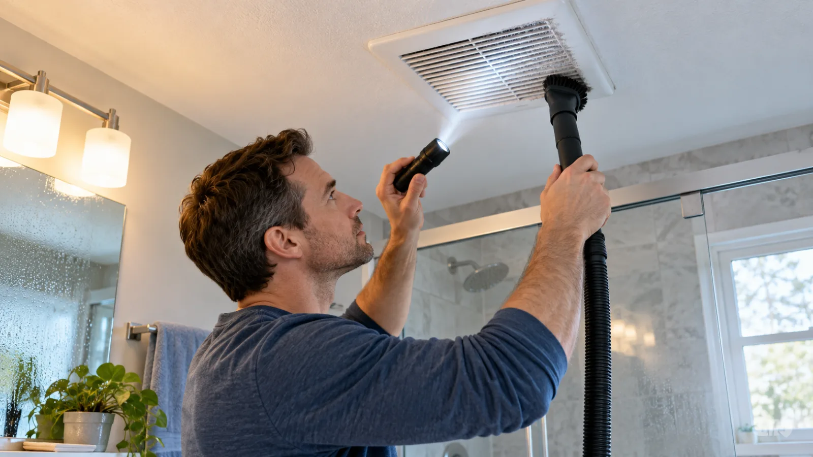 Homeowner safely inspecting a dusty bathroom exhaust fan grille with a flashlight and vacuum brush.
