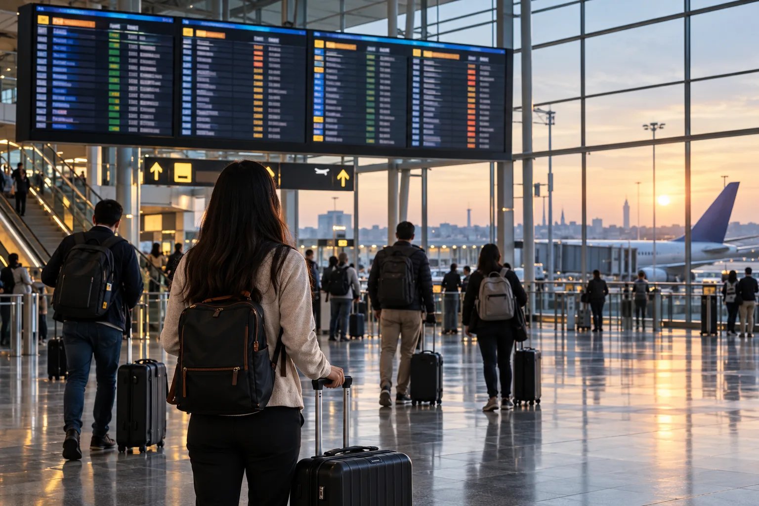 Reisende mit Gepäck in einer Flughafen-Abflughalle unter Fluganzeigen