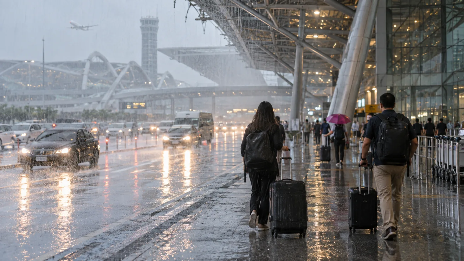 Travelers with luggage outside a Bangkok airport during heavy monsoon rain