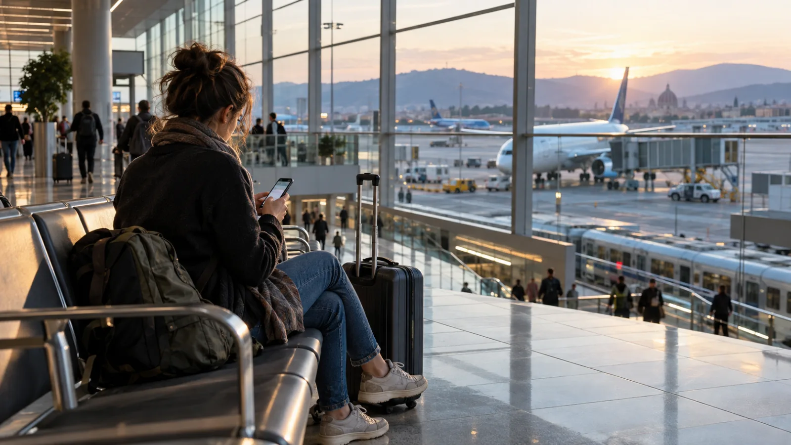 Voyageur vérifiant une réservation de vol près de ses bagages dans un aéroport italien après une perturbation