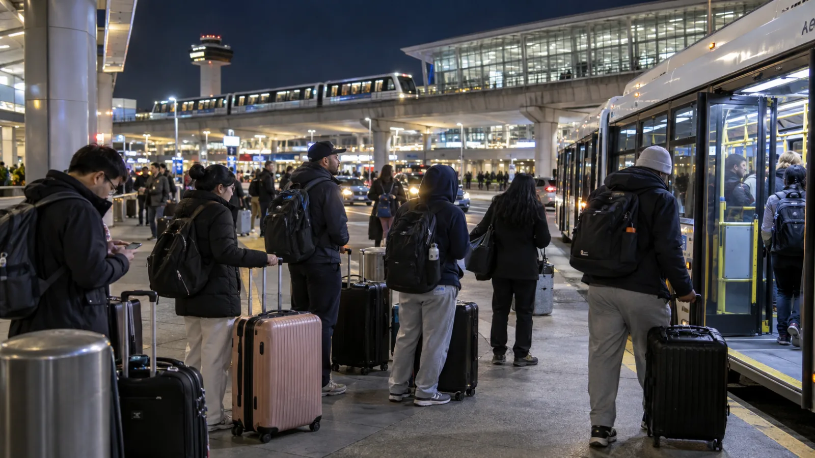 مسافرون يحملون أمتعتهم ينتظرون حافلة بديلة خارج مطار جون إف كينيدي أثناء توقف AirTrain ليلاً.