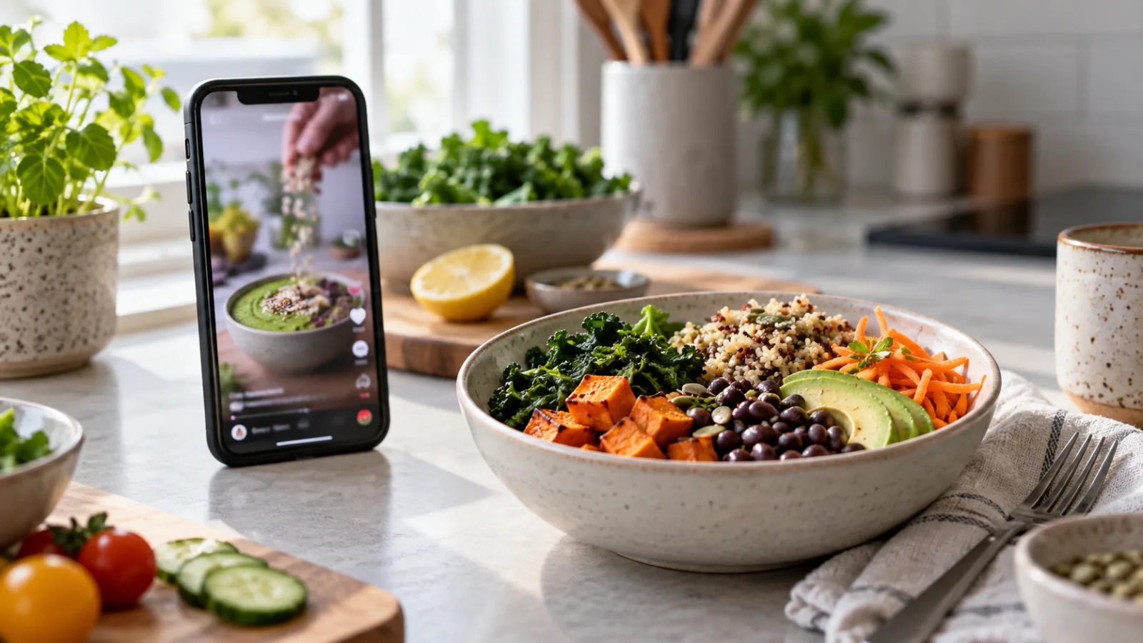 Ein Smartphone mit einem allgemeinen Wellnessvideo neben einer ausgewogenen Schüssel mit Gemüse, Getreide und Hülsenfrüchten auf einer Küchenarbeitsfläche.