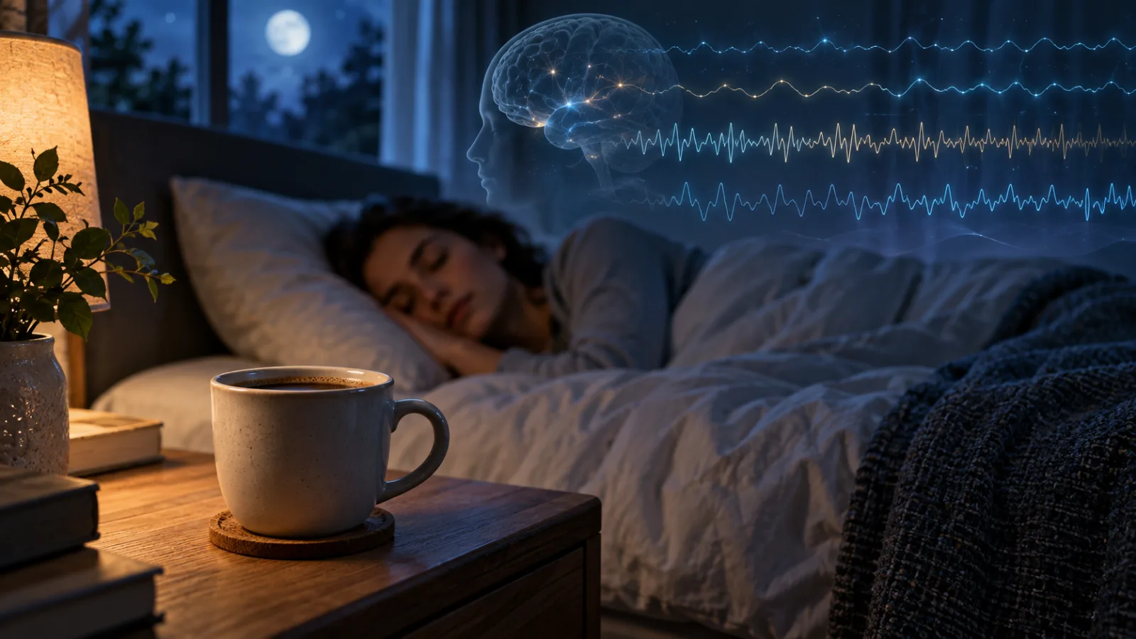 A cup of coffee beside a sleeping person with subtle EEG waveforms suggesting caffeine-related changes in overnight brain activity.