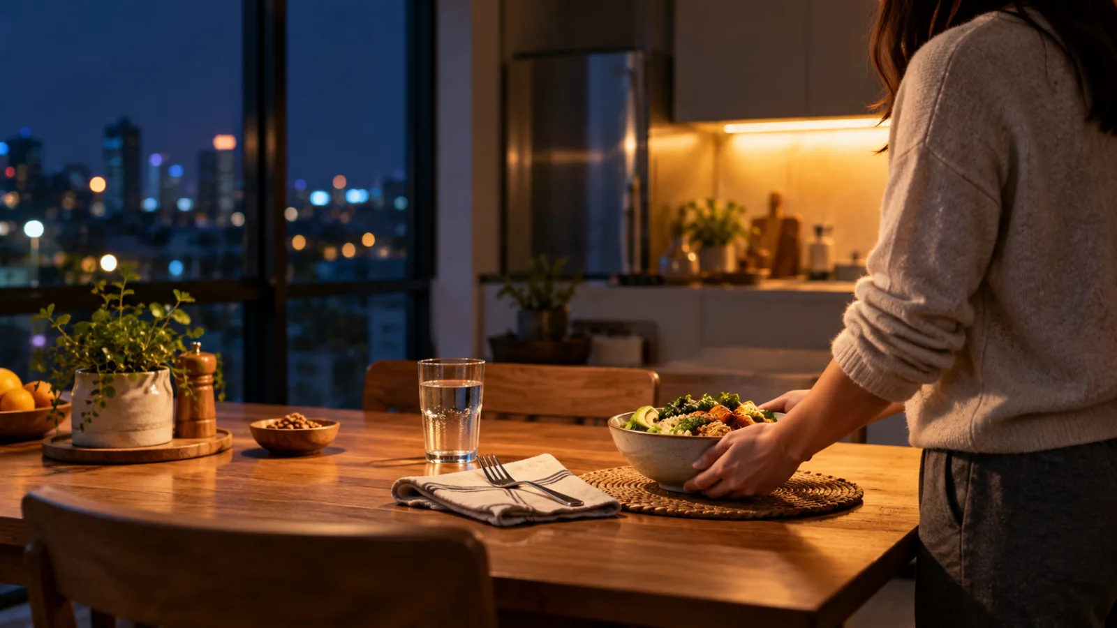 A person sets a modest bowl of food on a kitchen table late at night, with city lights visible through the window.