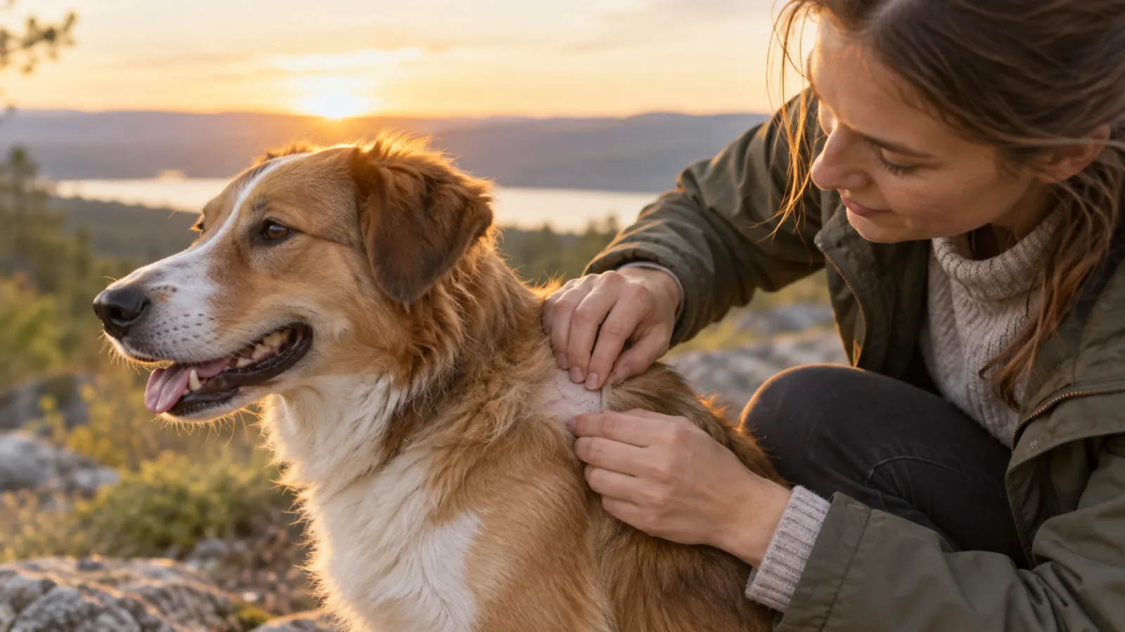 Owner gently checks a calm dog’s fur outdoors for signs of a hidden wound.
