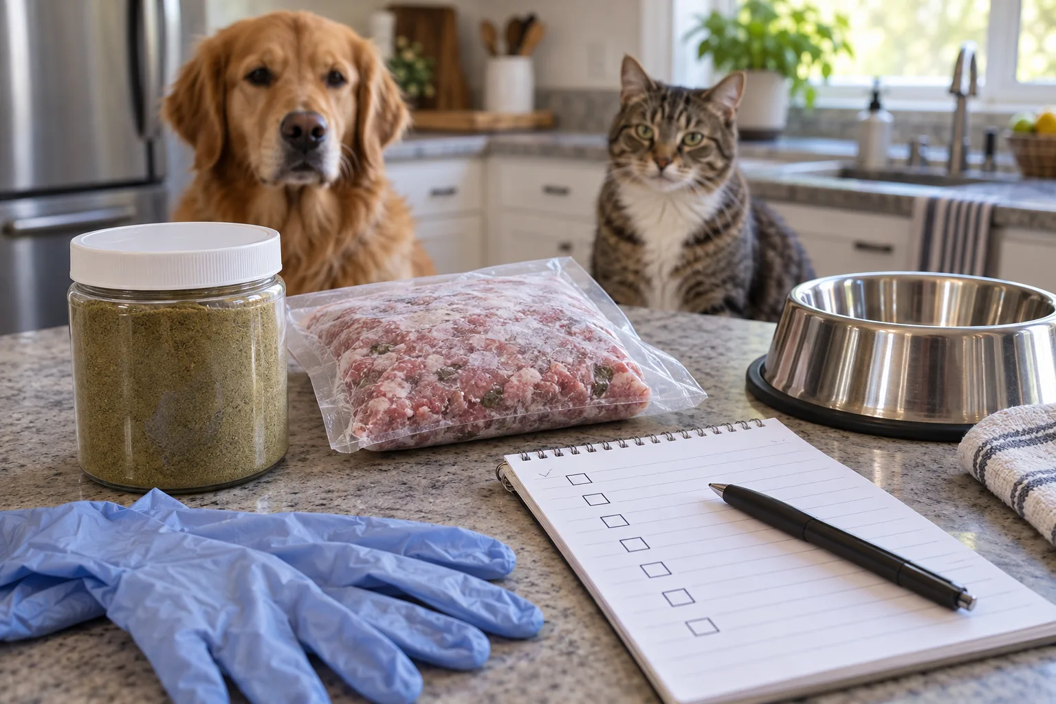 A home pet-food safety audit with generic food packages, a lot-code checklist, gloves and pet bowls on a kitchen counter.