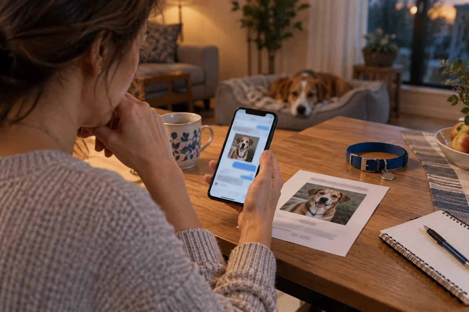 Eine Person prüft ruhig eine verdächtige Nachricht über ein verlorenes Haustier auf einem Smartphone; daneben liegen Halsband, Suchanzeige und Notizbuch, während im Hintergrund ein Hund ruht.