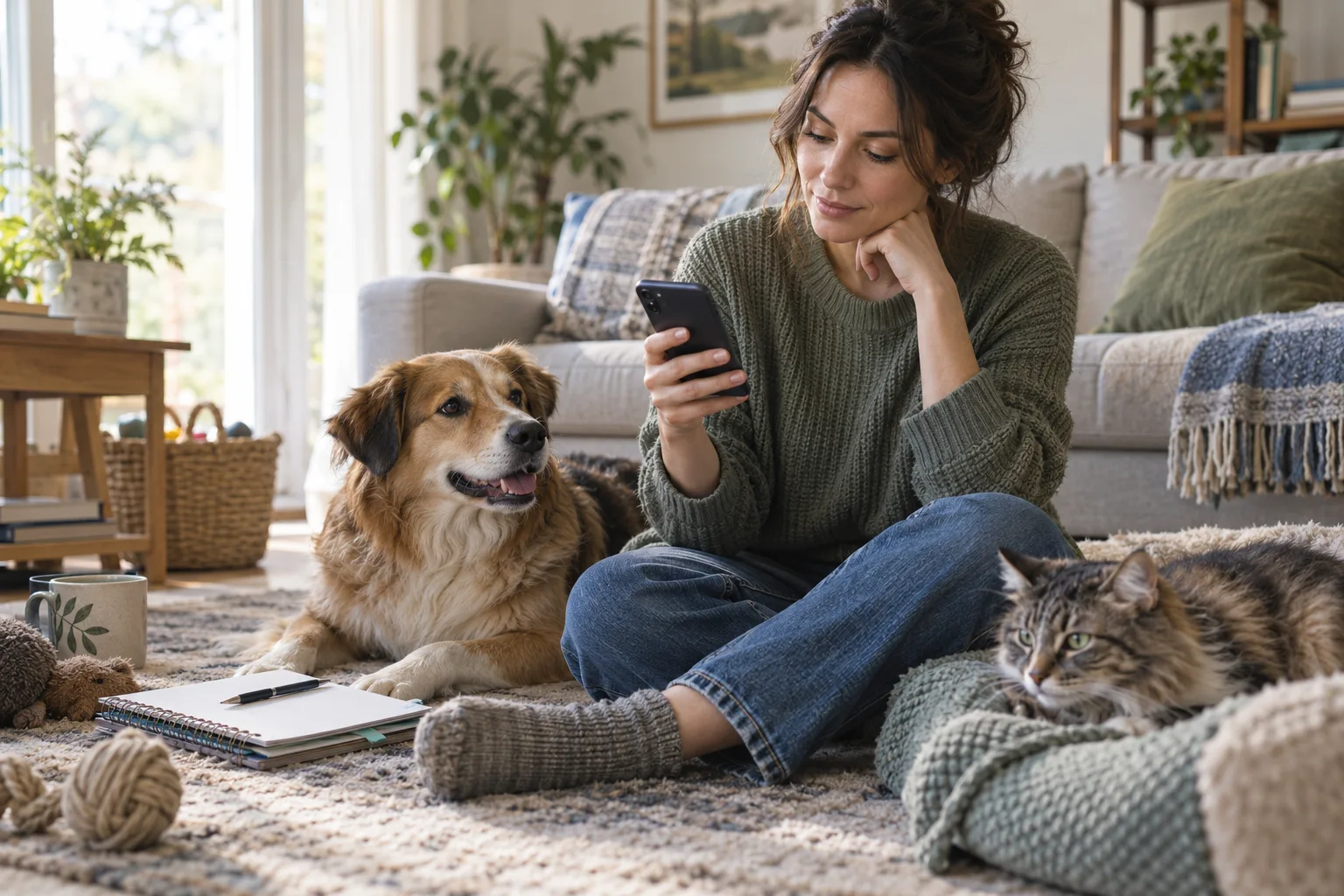 Una persona revisa notas en un teléfono junto a un perro y un gato tranquilos mientras se prepara para una consulta veterinaria.