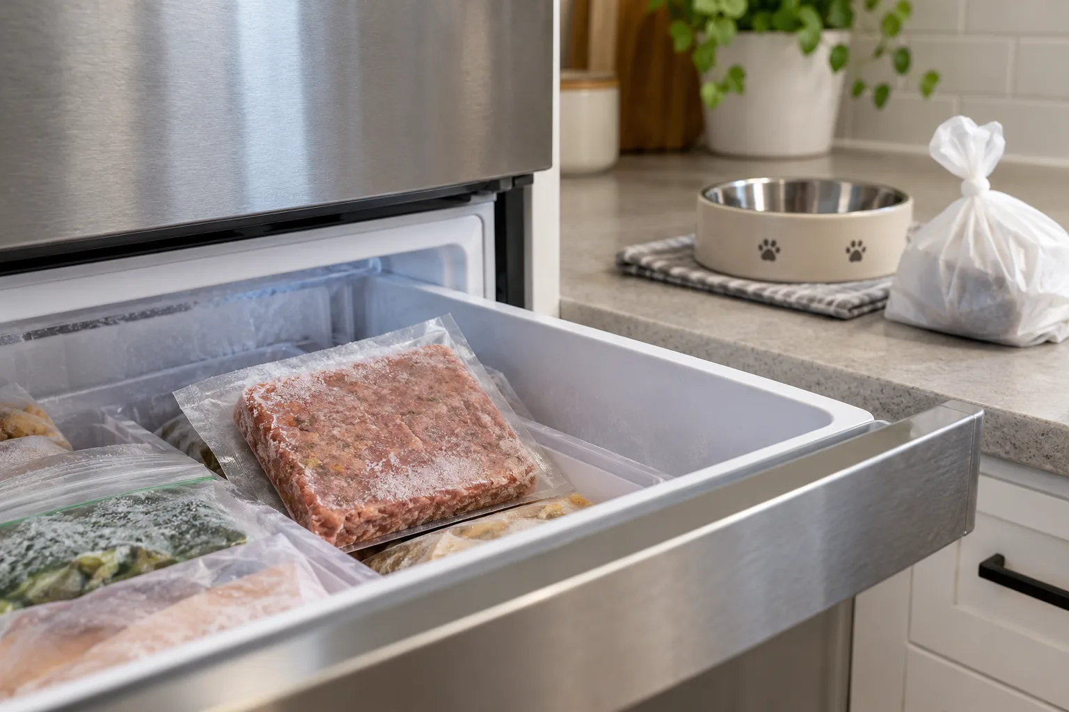Open freezer with frozen cat food, a pet bowl and a securely tied waste bag in a clean kitchen.