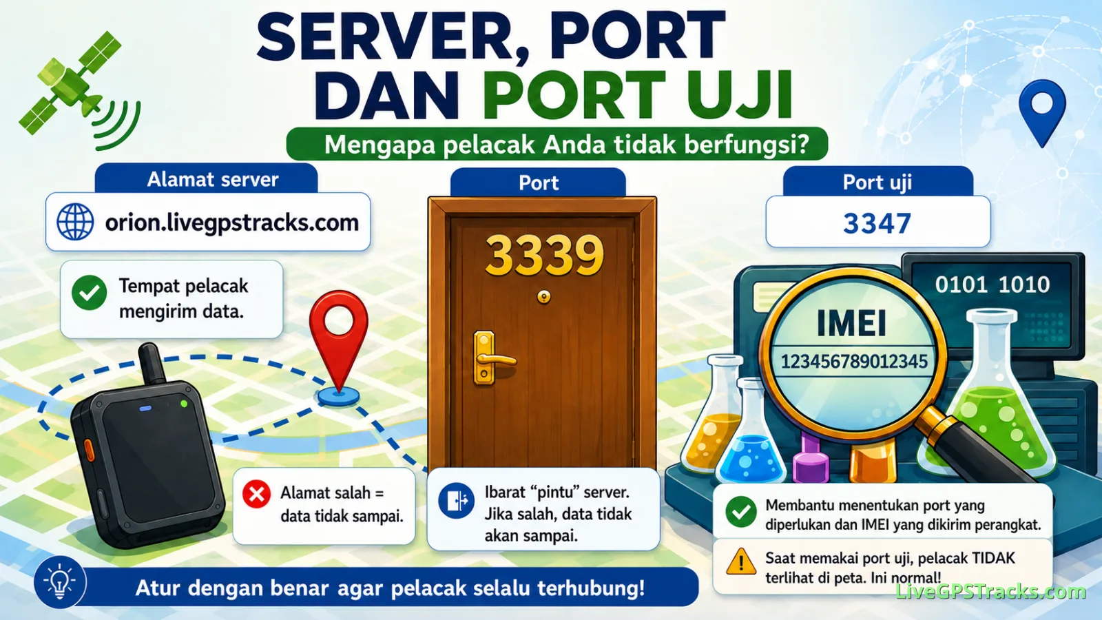 GPS tracker server, port, and test port - Indonesian