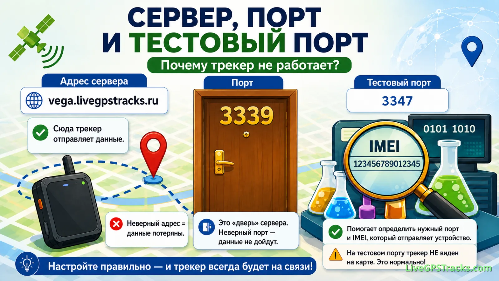 GPS tracker server, port, and test port - Russian