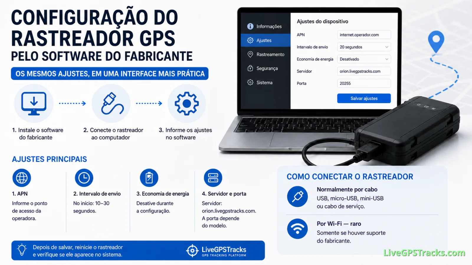 GPS tracker setup via manufacturer software - Brazilian Portuguese