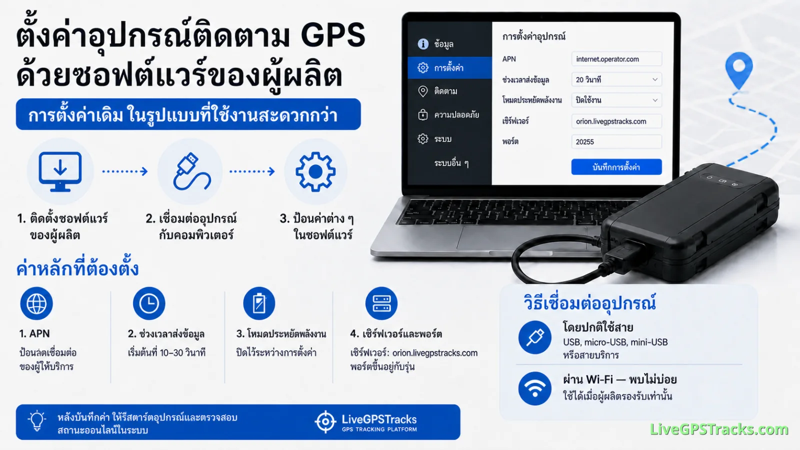 GPS tracker setup via manufacturer software - Thai