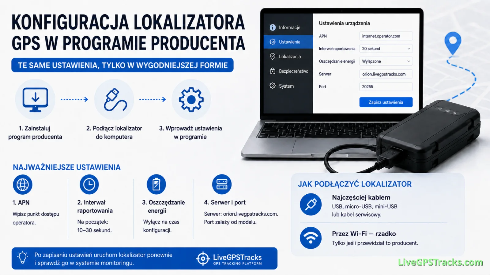 GPS tracker setup via manufacturer software - Polish